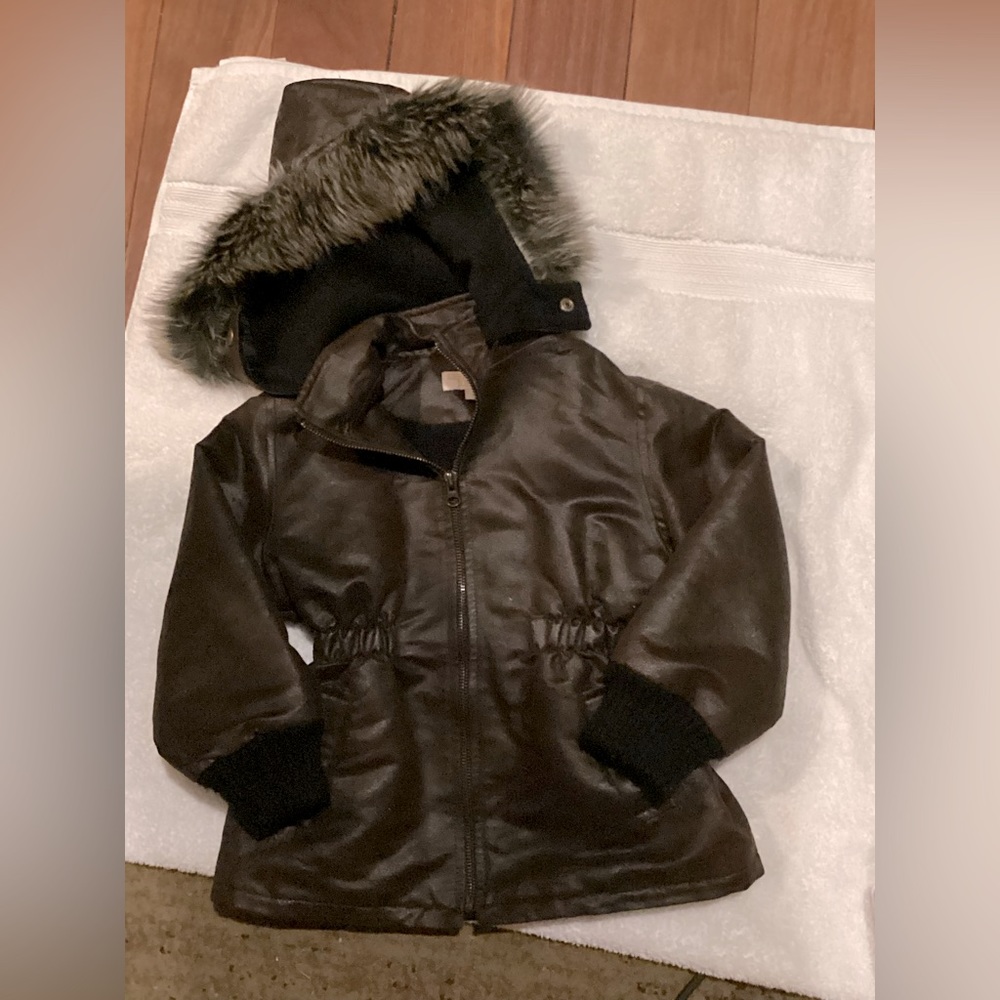SIERRA JULIAN GIRLS BROWN SOFT FAUX LEATHER, ZIP FRONT, HOODED COAT SZ 3